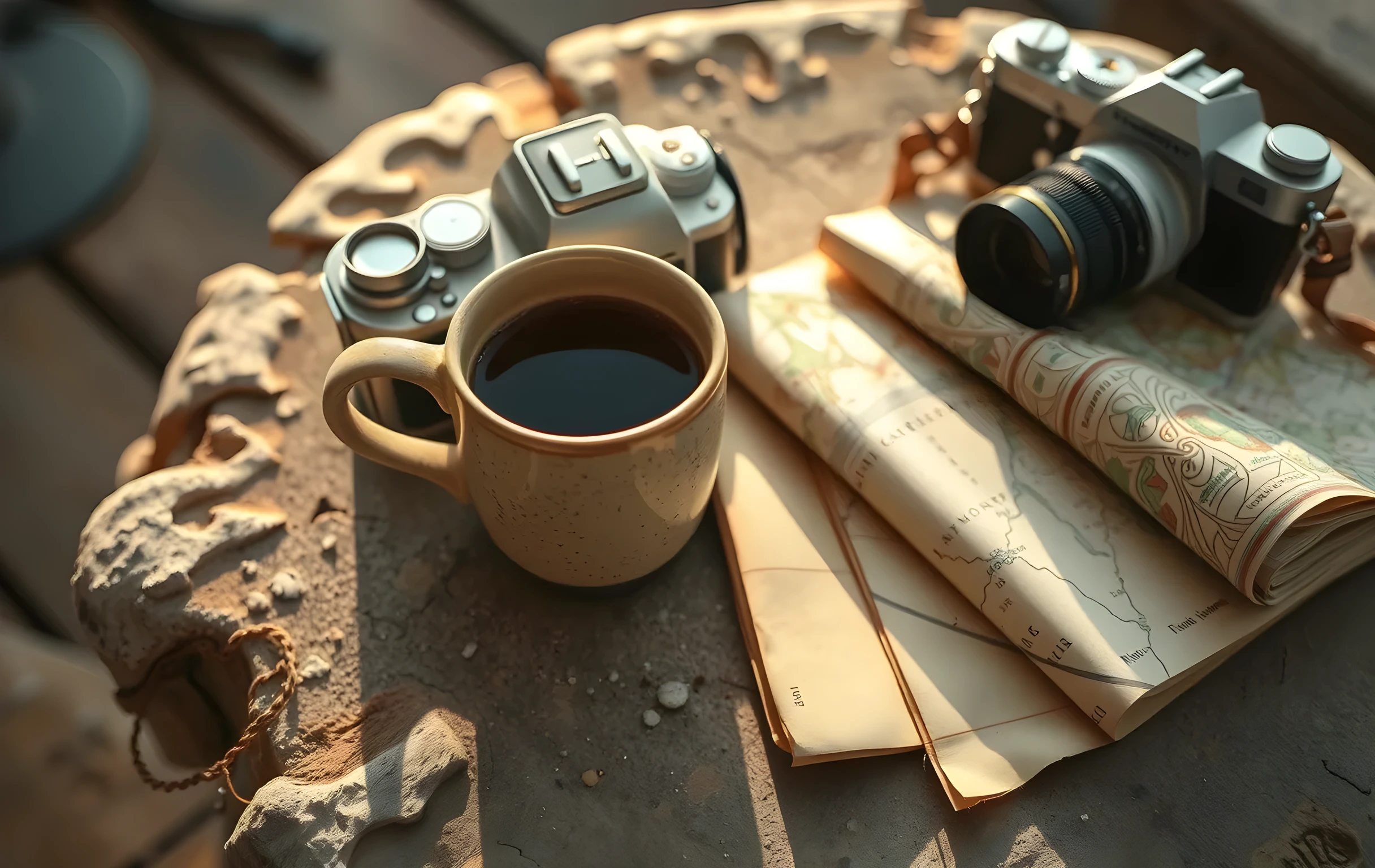 A close-up of a ceramic coffee mug resting on a rough-hewn stone table beside a vintage film camera and a folded map; morning light catches the condensation on the glass and the texture of the paper