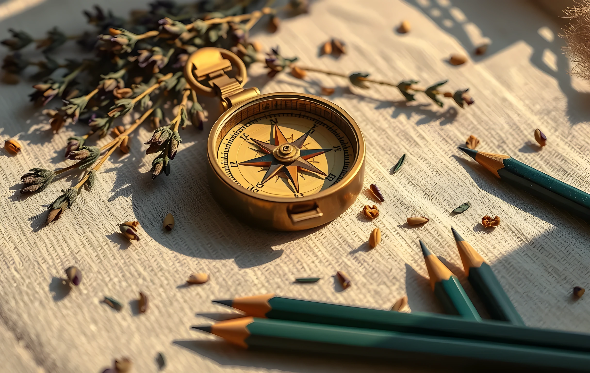 Primer plano de una brújula de latón vintage descansando sobre un paño de lino texturizado, rodeada de ramitas de lavanda seca dispersas y algunos lápices de grafito sueltos, luz direccional suave proyectando sombras largas, tono editorial cálido, sin texto
