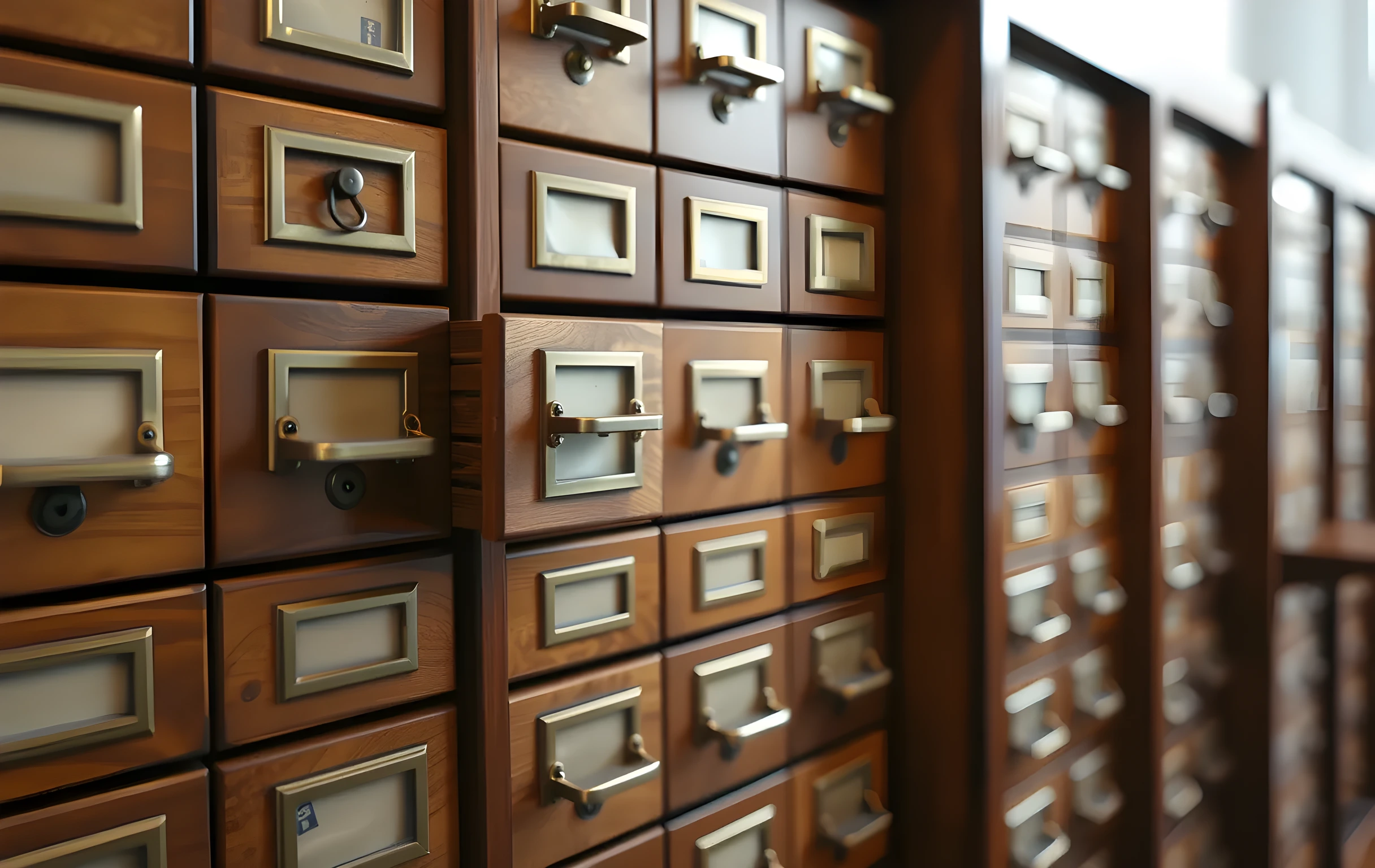 A row of old library card catalog drawers in warm wood with small brass frames, one drawer pulled slightly open