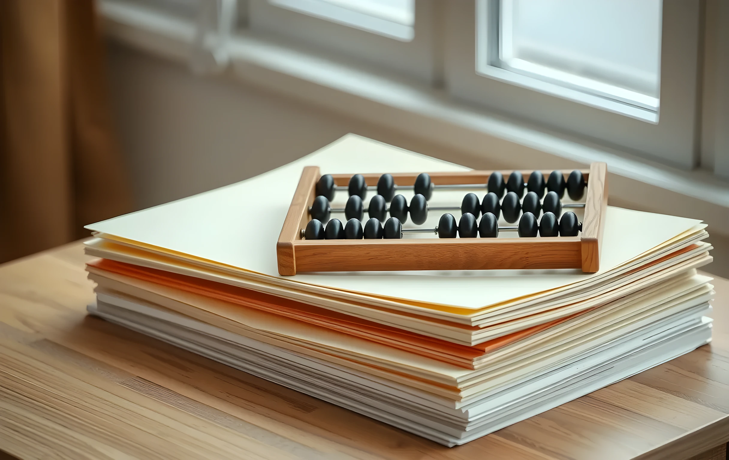 A wooden abacus with dark beads resting on a stack of plain cream folders on an oak desk
