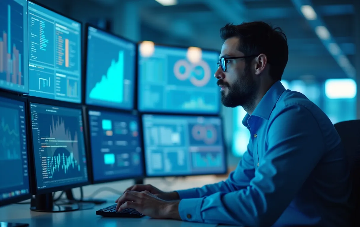 A focused analyst reviewing structured data dashboards on multiple monitors in a modern office workspace