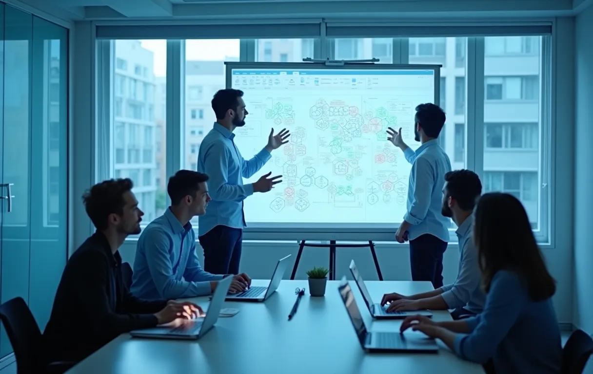 A team of developers collaborating around a whiteboard filled with network diagrams in a glass-walled meeting room