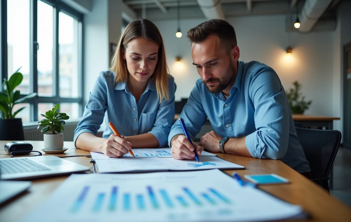 Dos colegas colaborando sobre una mesa de madera cubierta con informes impresos de análisis de búsqueda y cuadernos de estrategia de marketing digital en un espacio de consultoría luminoso