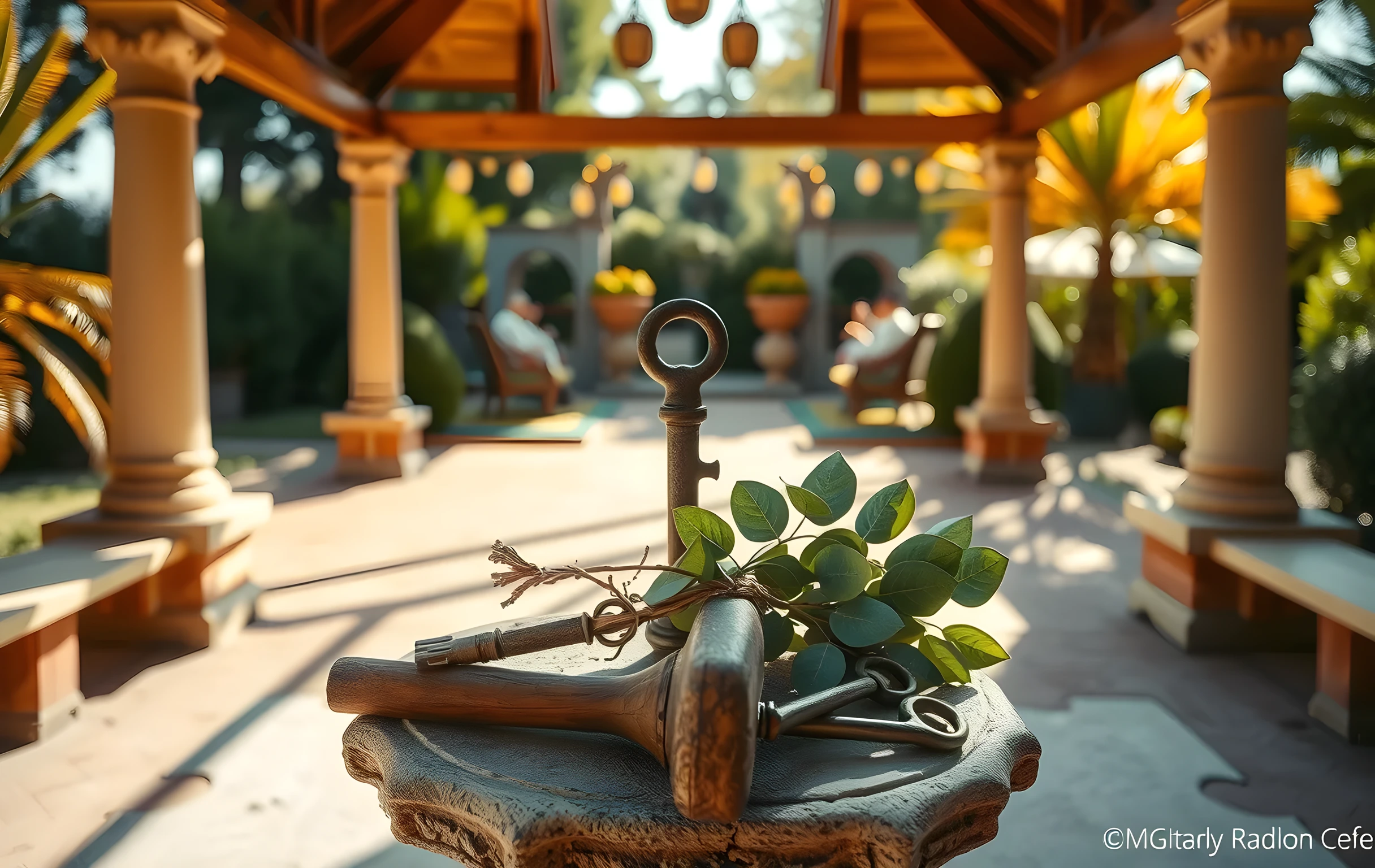A sunlit garden pavilion featuring a weathered stone pedestal supporting a collection of hand-forged iron keys, a rough-hewn wooden mallet, and a cluster of dried eucalyptus leaves arranged on a textured linen cloth