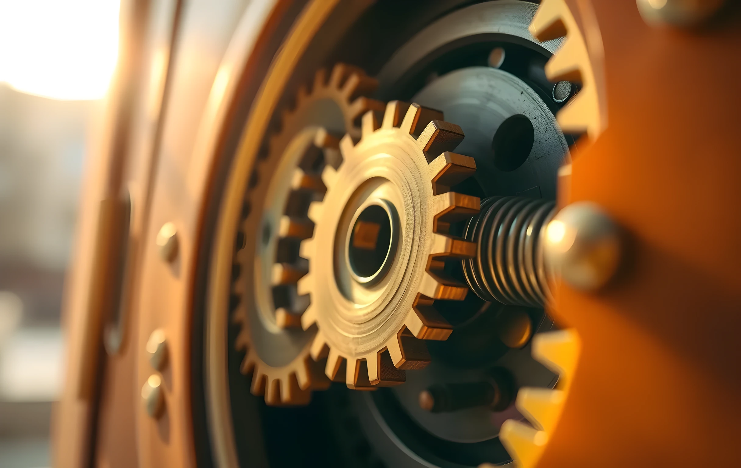 A tight macro shot of interlocking brass gears and a polished steel spring, illuminated by warm directional light that emphasizes the metallic grain and mechanical precision of the components
