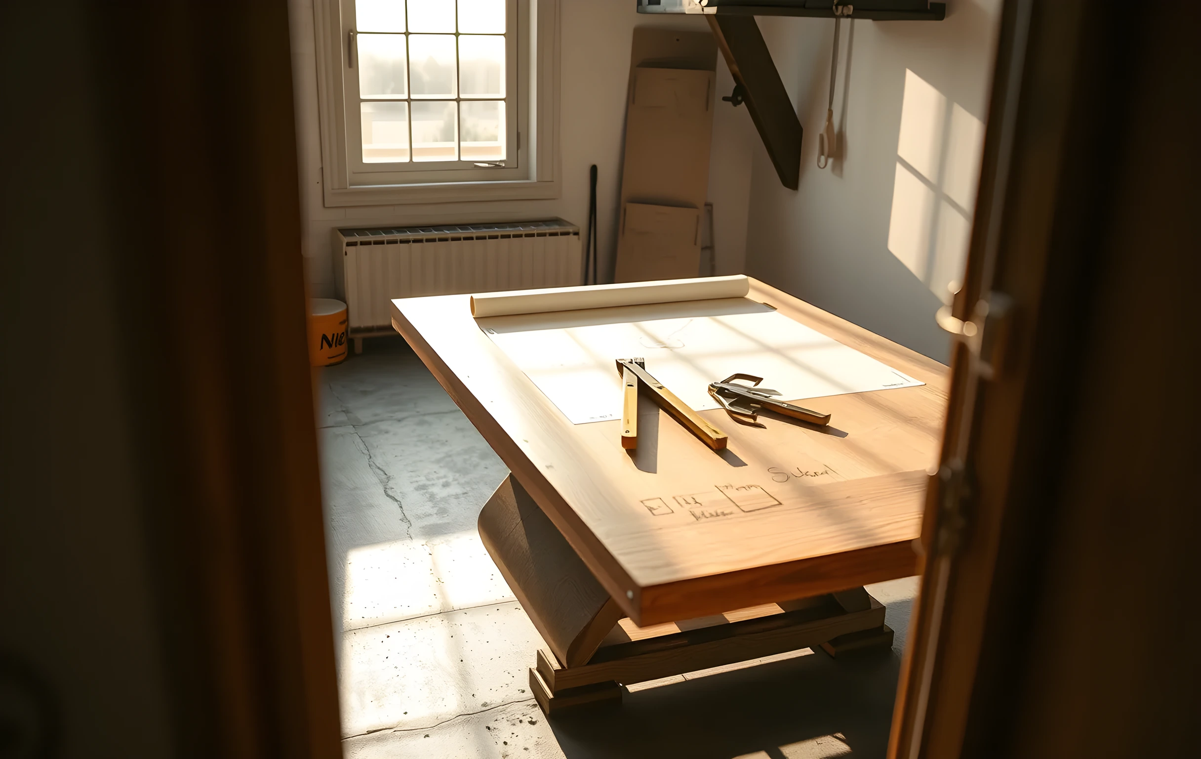 Un estudio de dibujo arquitectónico iluminado por el sol con una gran mesa de roble que sostiene compases de precisión, divisores de latón y hojas de pergamino enrolladas dispuestas en patrones geométricos, con la suave luz de la mañana proyectando largas sombras sobre un suelo de concreto texturizado