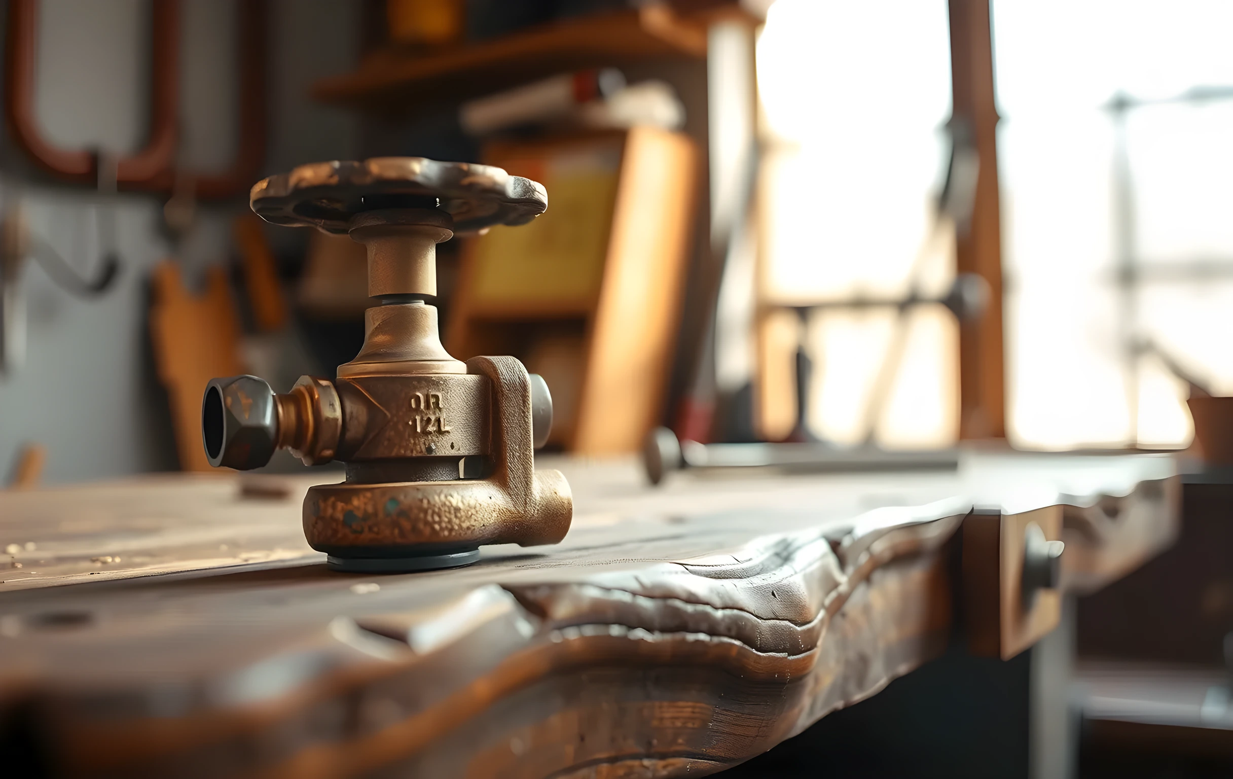 Un primer plano macro de tuberías de cobre envejecidas y accesorios de válvulas de latón descansando sobre un banco de trabajo de madera rústica, destacando la interacción de texturas metálicas oxidadas y aceite de herramientas ámbar cálido bajo la luz difusa de una ventana
