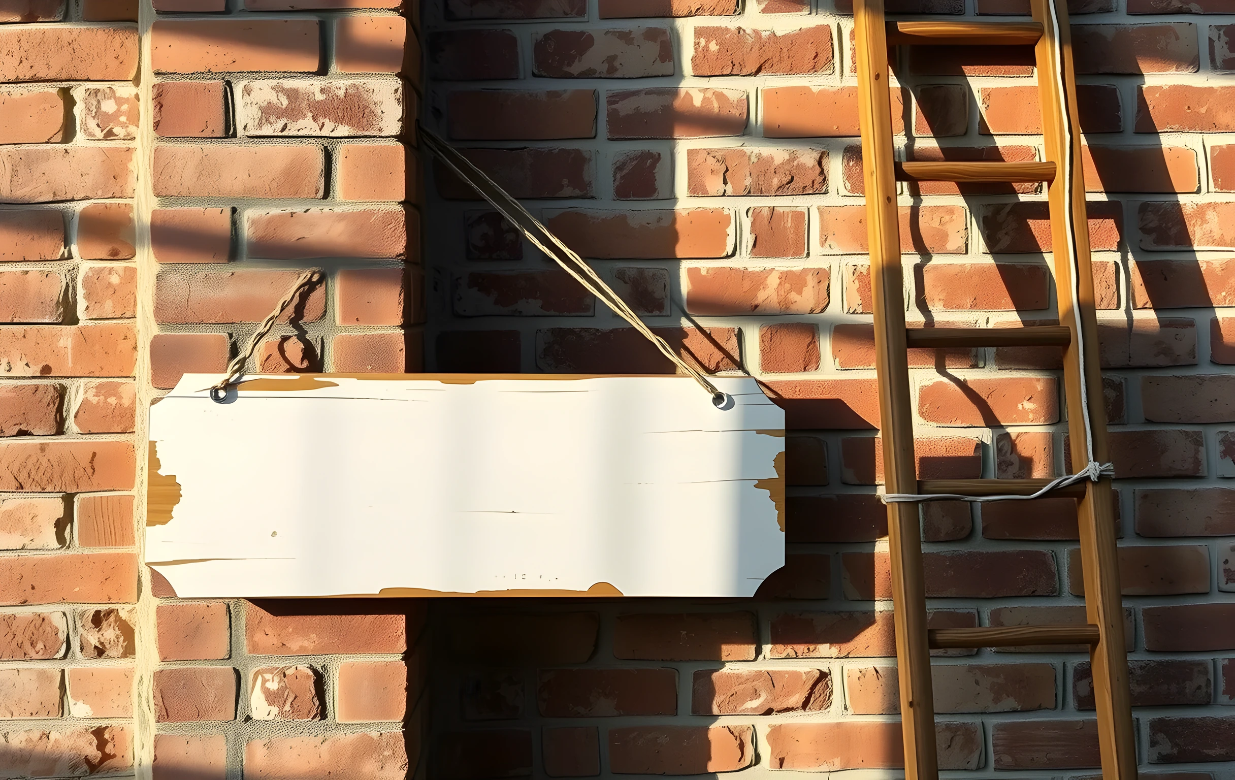 A hand-painted wooden shop sign with peeling paint leaning against a brick wall beside a wooden ladder