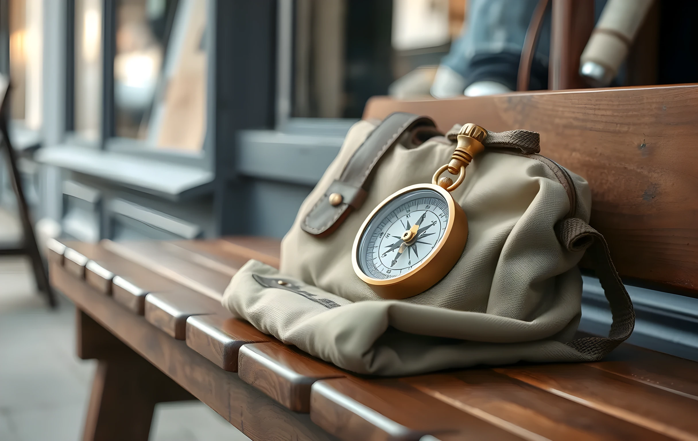 A brass compass resting on a folded canvas bag on a wooden bench outside a small storefront