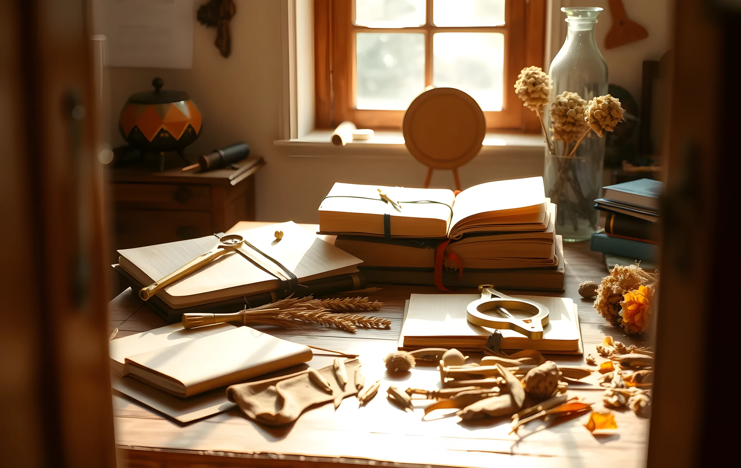 A sunlit workshop table displaying aged leather-bound research journals, brass drafting compasses, and scattered dried botanical specimens under soft window light