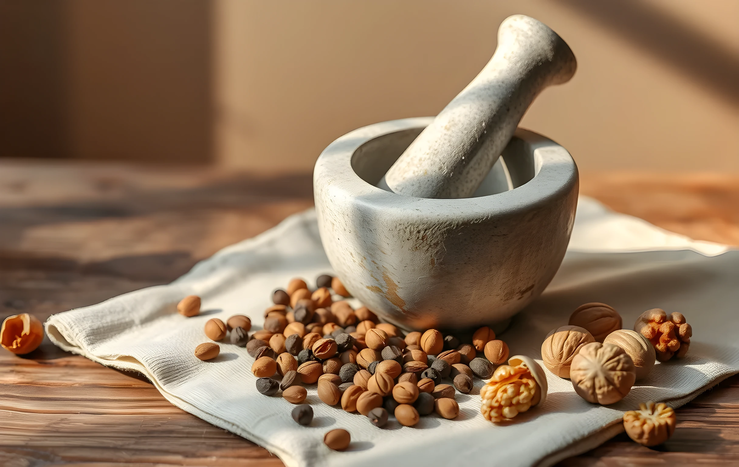 A close-up detail of a weathered stone mortar and pestle resting on a rough linen cloth, surrounded by scattered peppercorns and cracked walnut shells in natural afternoon light