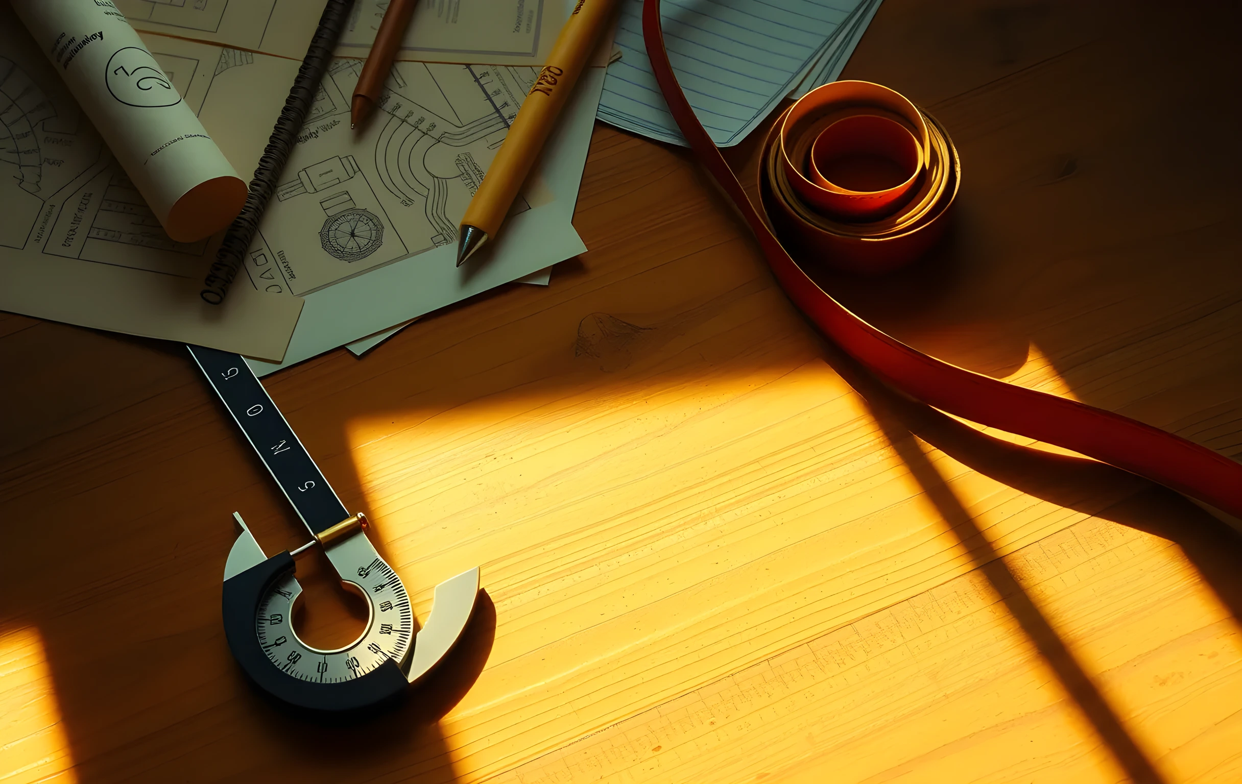 A sunlit workshop table where a brass caliper rests beside scattered parchment maps and a worn leather measuring tape, casting long shadows across the wood grain