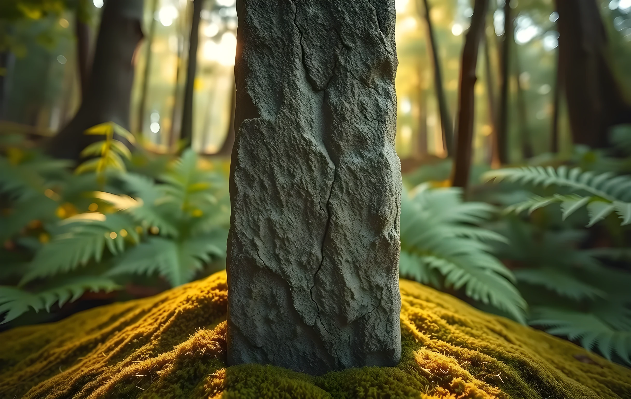 A close-up of a weathered stone pillar against a mossy forest floor, with dappled afternoon light filtering through dense fern fronds and highlighting the rough, layered texture of the rock