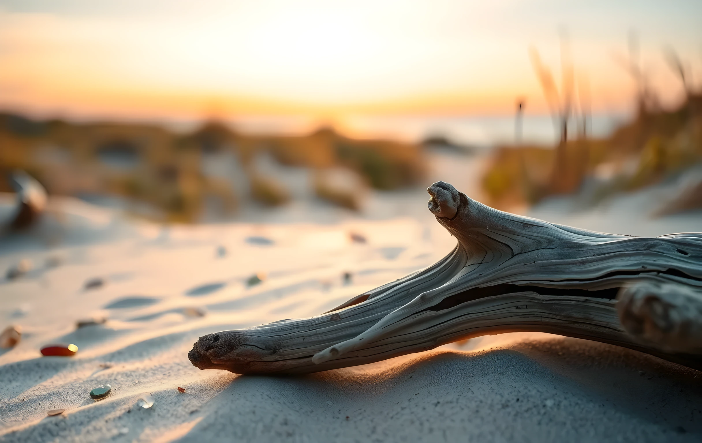 A sunlit coastal trail at dusk where smooth sea glass and weathered driftwood rest on pale sand; the horizon stretches wide with muted orange and indigo sky, shallow depth of field blurring distant dune grasses into soft strokes