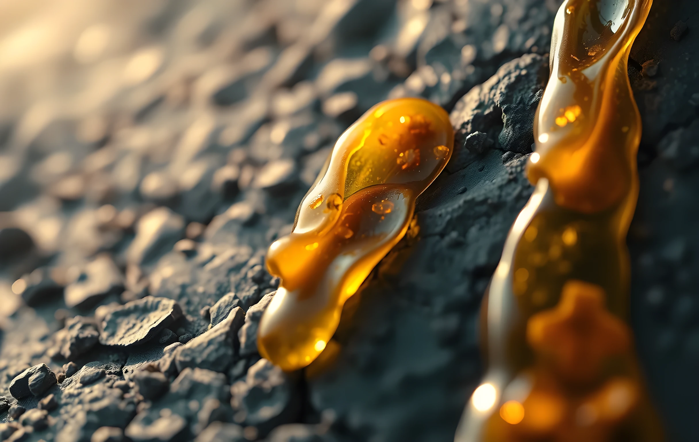 A macro shot of raw amber resin dripping onto dark slate stone; warm golden light catches the translucent curves and internal fractures of the fossilized material, emphasizing texture and mineral contrast against the matte rock surface