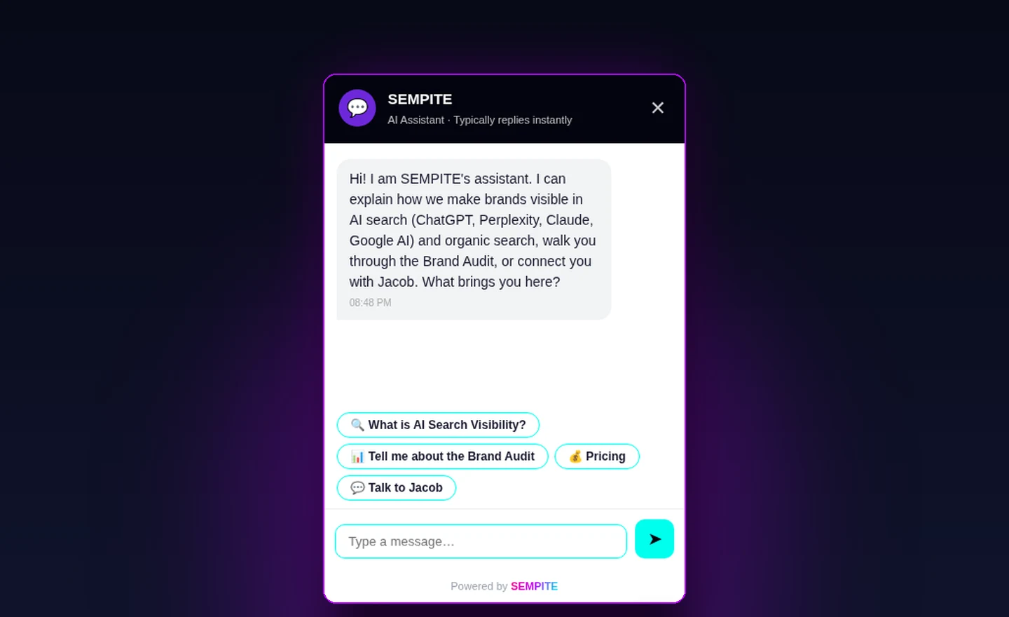 SEMPITE AI chatbot answering a customer question