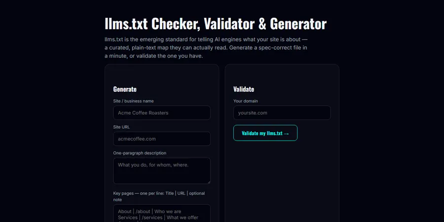 Generador y validador de llms.txt (captura)