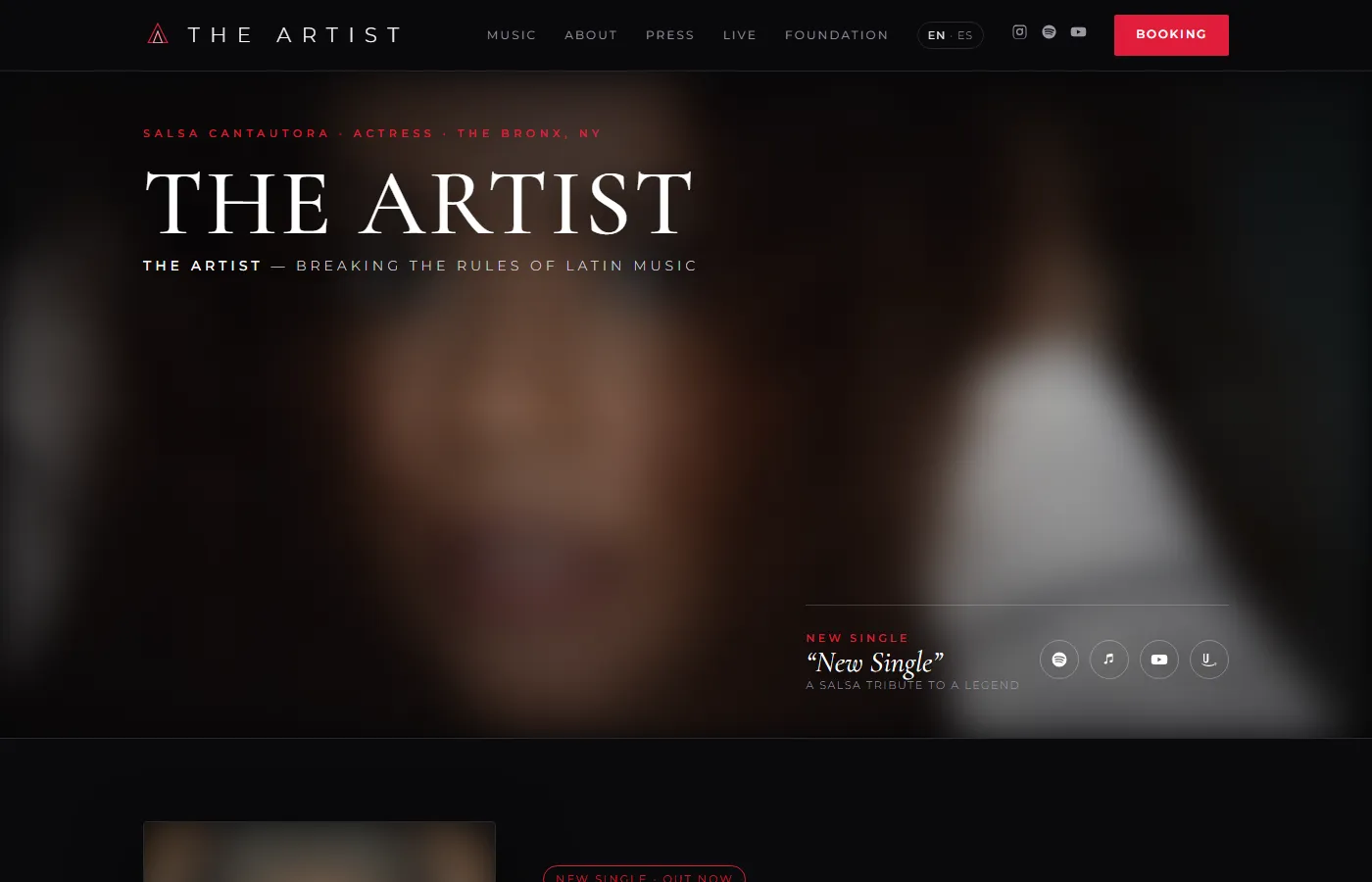 Mockup of a bilingual artist website hero with the artist's name and new single, photos blurred for anonymity