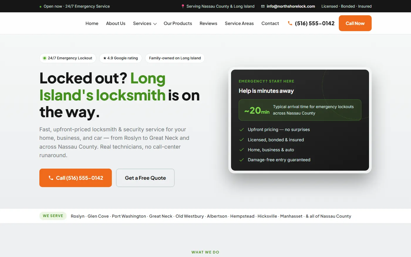 Calmer light variant of the same locksmith homepage mockup