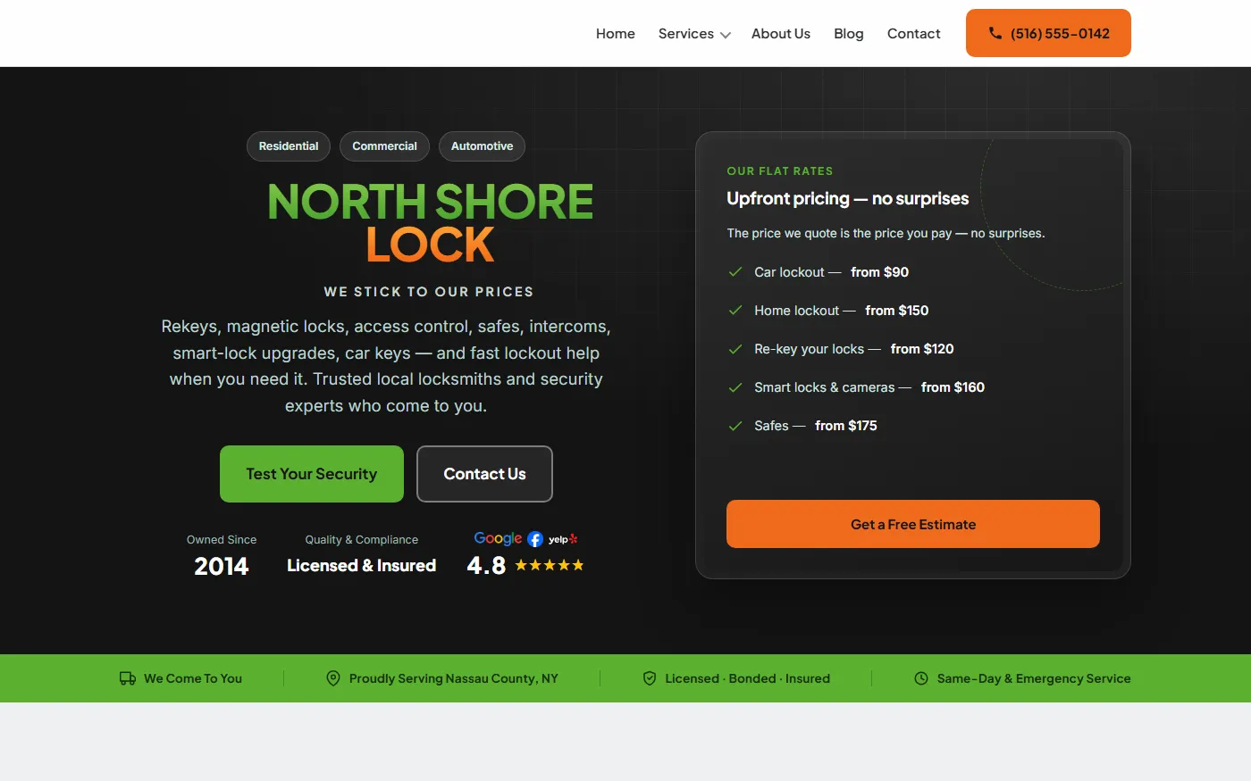 Mockup of the redesigned locksmith homepage with flat-rate pricing card, trust badges, and a one-tap call button