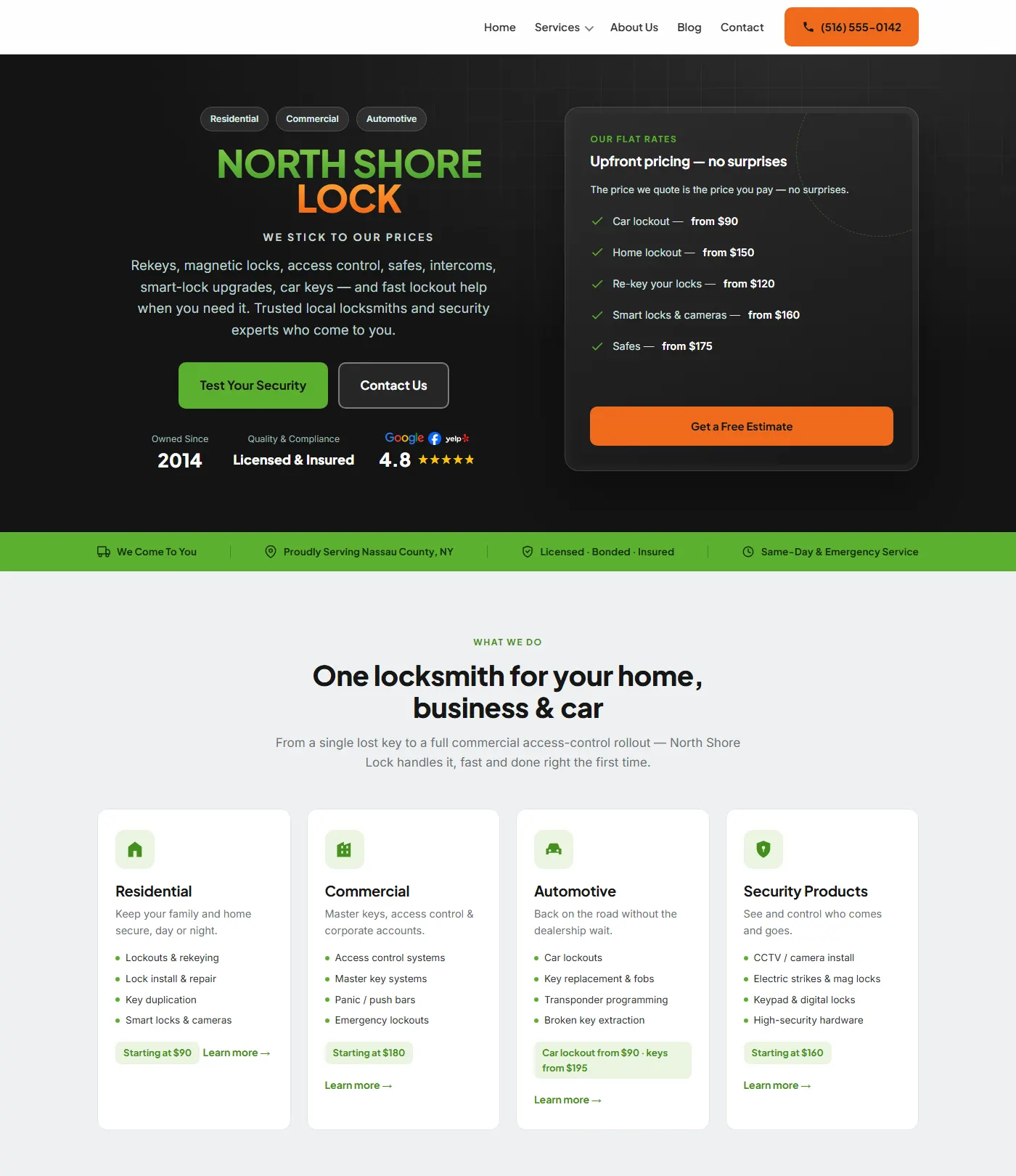 Scroll-through of the redesigned locksmith homepage showing the service cards with starting prices