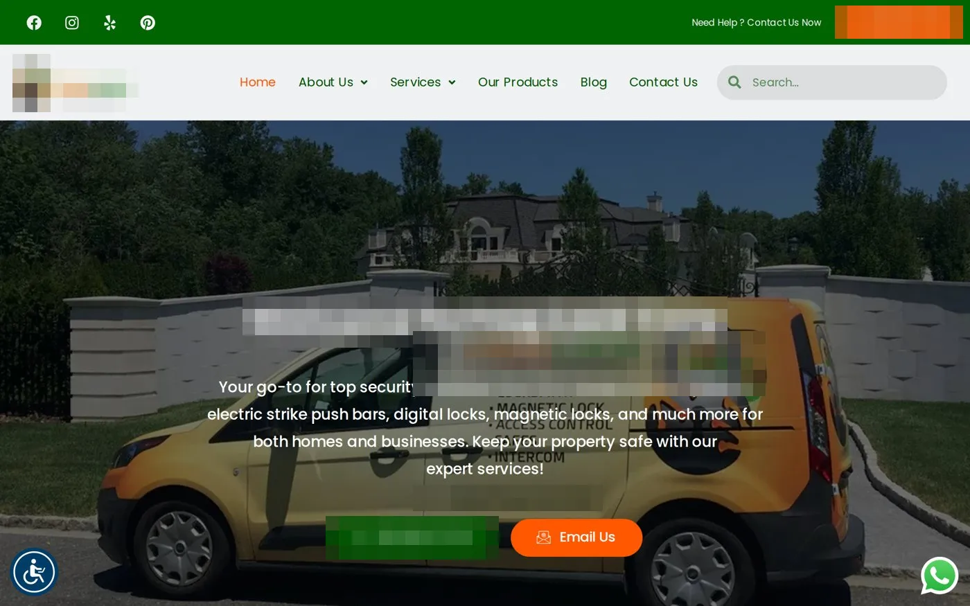The locksmith's original homepage with the business name and phone redacted, showing a generic welcome headline over a photo of the van