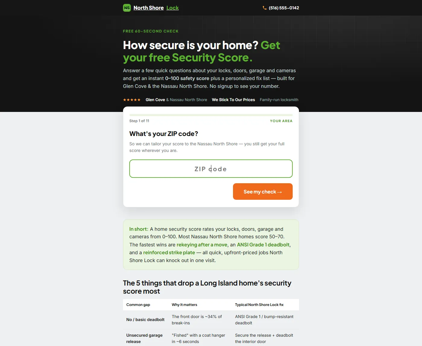 Prototype of a free home security score quiz on the locksmith's site, asking for a ZIP code as step one of eleven